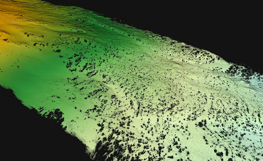 Point cloud model of Berthoud Pass with the vegetation removed to reveal the snow surface colorized based on elevation heights. This model was generated from data collected from a UAS mounted lidar sensor in March 2022.