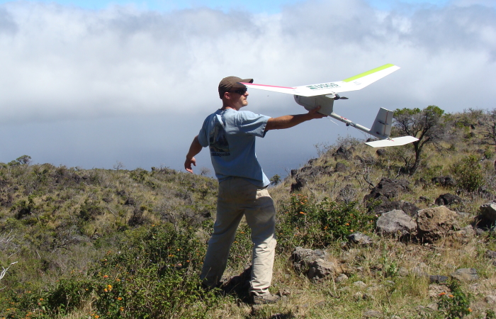 Researcher preparing to launch the Raven UAS at the Haleakala National Park