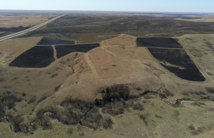 Video still image of the grassland burn area taken from a Parrot Anafi.