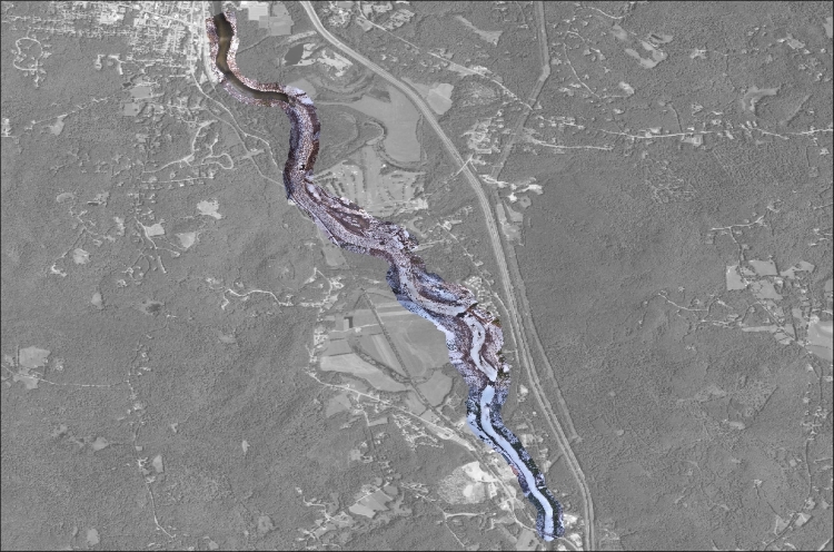 Orthophoto mosaic generated from UAS collected data showing the extent of the Pemigewasset River impacted by the ice jam