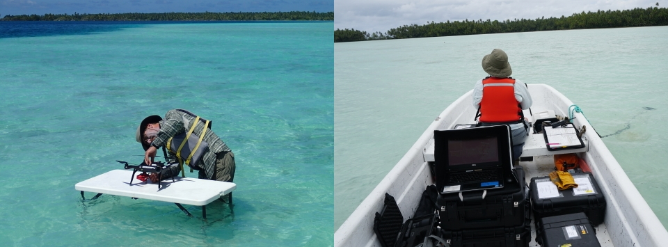 NUPO scientist Joe Adams preparing the 3DR Solo for launch (left) and Maintaining water-based mission control (right)