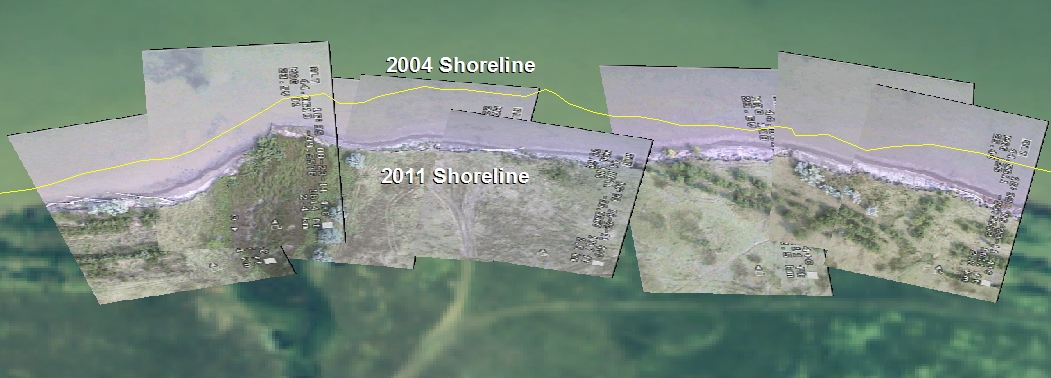 Nadir over naip imagery showing shoreline erosion from 2004-2011